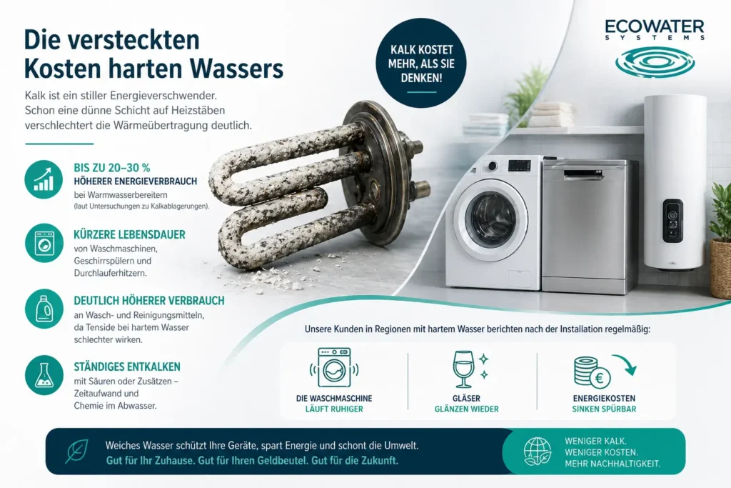 Infografik Zu Den Versteckten Kosten Harten Wassers Mit Verkalktem Heizstab H Herem Energieverbrauch Und Ecowater L Sung F R Weniger Kalk - Wasserenthärtungsanlage 2026: Lohnt Sich Die Investition?
