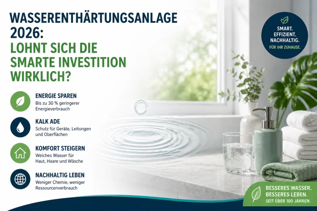 Infografik zur Wasserenthärtungsanlage 2026 mit Vorteilen wie Energie sparen, Kalkschutz, weiches Wasser und nachhaltigerem Leben.